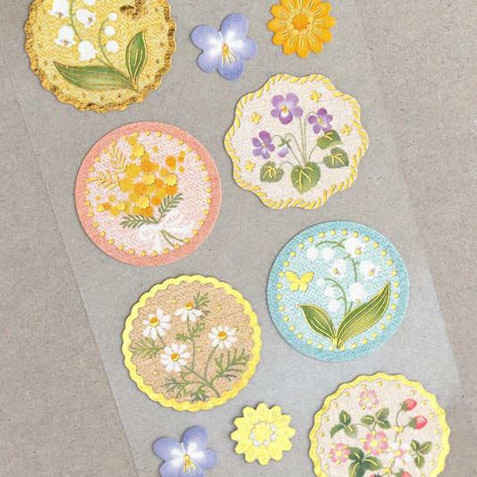 Little Retro Flowers Sticker Sheet with vintage-style floral designs in soft pastel colors for stationery and accessories.