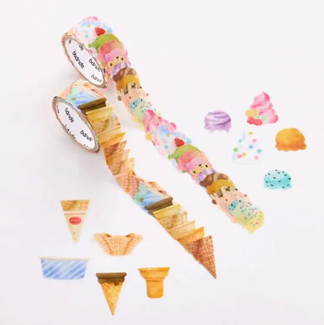 Ice Cream and Cone Washi Sticker Roll featuring colorful ice cream cones, scoops, and sweets for stationery decor.