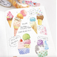 Ice Cream and Cone Washi Sticker Roll featuring colorful ice cream cone stickers displayed on a notebook page