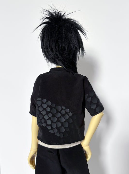 Back view of a doll wearing 60cm / SD13 BJD Black Snake Haori Jacket with textured black scale pattern sleeves