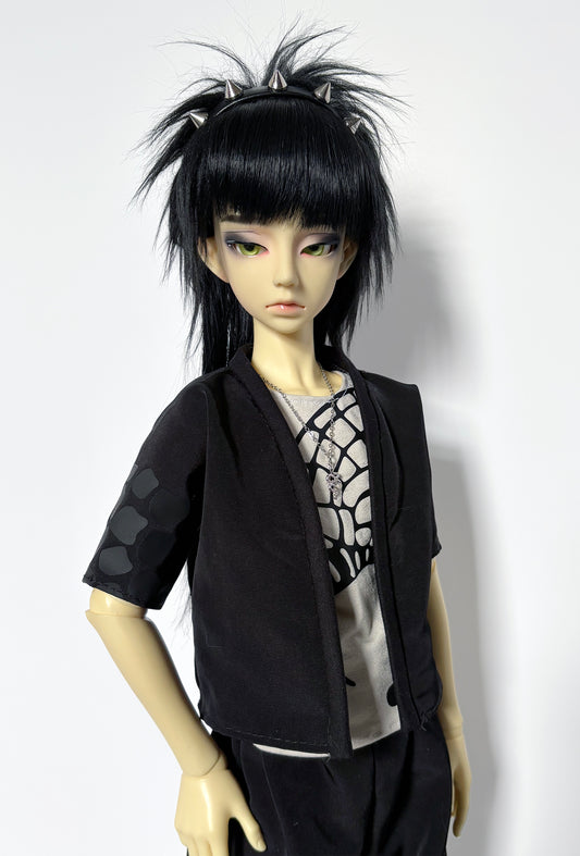 60cm / SD13 BJD Black Snake Haori Jacket on a ball-jointed doll with black hair and spiked headband