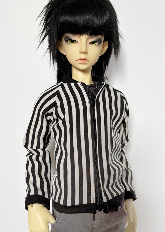60cm / SD13 BJD Black/White Stripe Baseball Jacket on doll with black hair and green eyes against white background