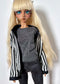 60cm / SD13 BJD Black/White Stripe Baseball Jacket worn by doll with long blonde hair and blue eyes