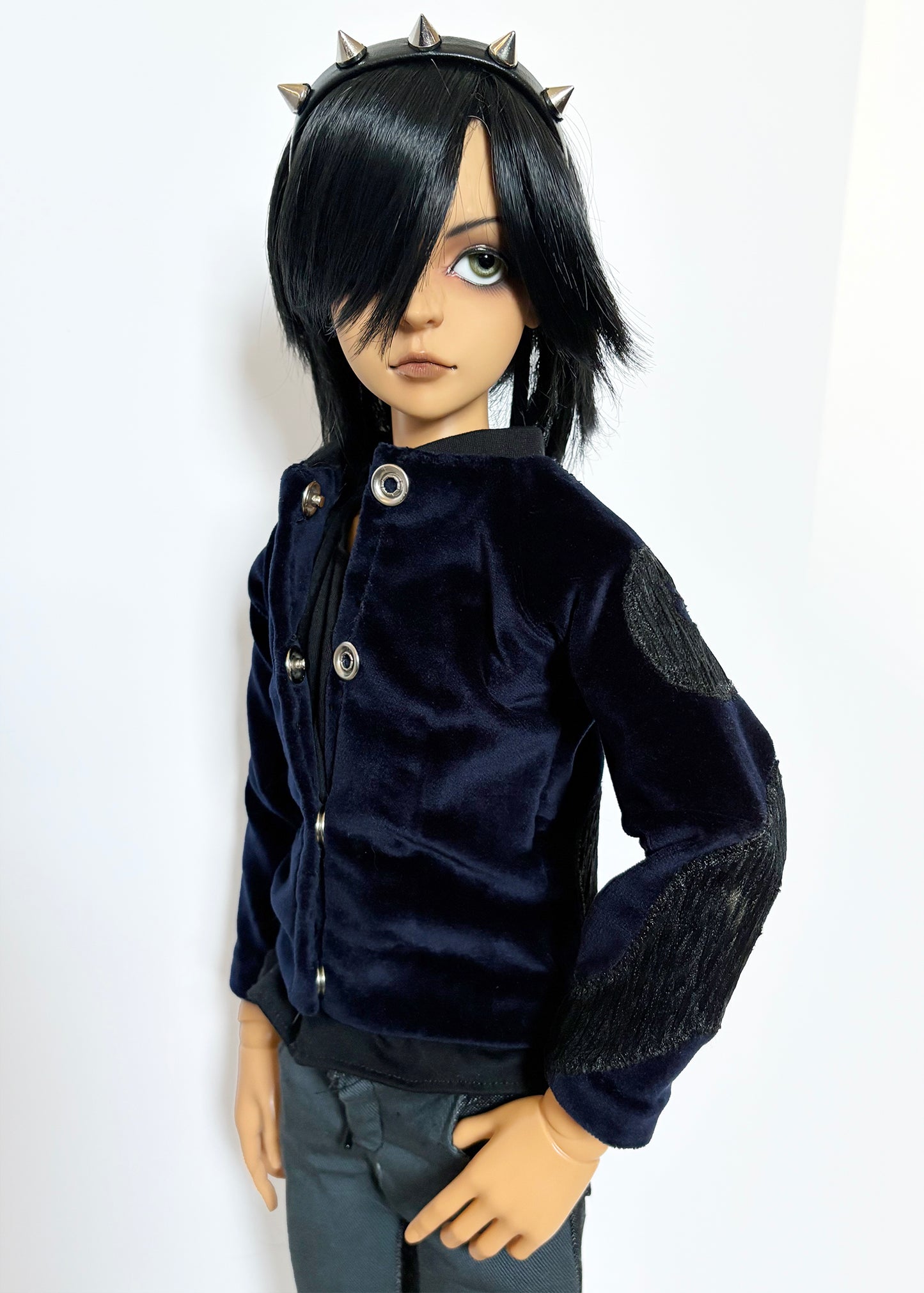60cm / SD13 BJD Blue Velvet Snake Jacket on doll with black hair and spiked headband against white background