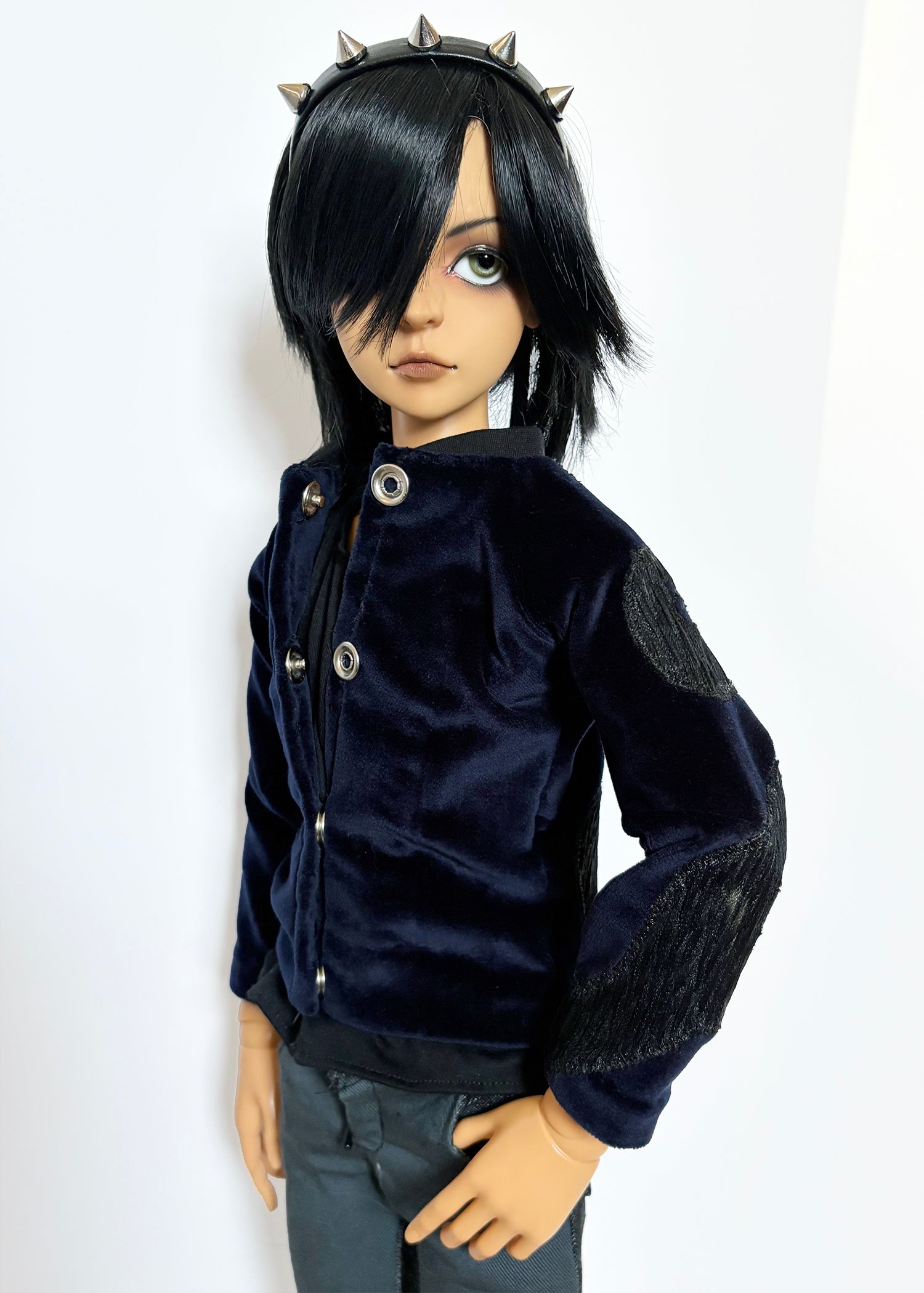 60cm / SD13 BJD Blue Velvet Snake Jacket on doll with black hair and spiked headband against white background