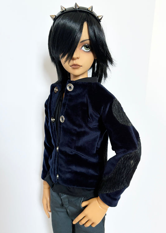 60cm / SD13 BJD Blue Velvet Snake Jacket on doll with black hair and spiked headband against white background