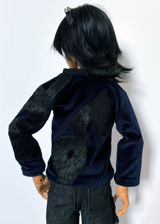 Back view of a doll wearing the 60cm / SD13 BJD Blue Velvet Snake Jacket with black snake design on deep blue velvet.