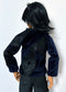 Back view of a doll wearing the 60cm / SD13 BJD Blue Velvet Snake Jacket with black snake design on deep blue velvet.