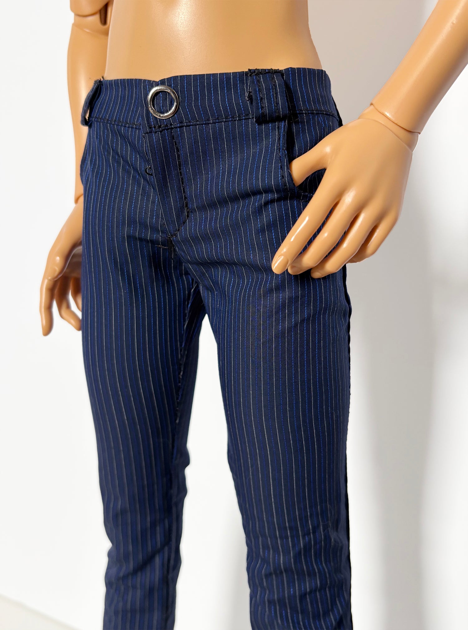 60cm / SD13 BJD Boy Thin Blue Stripe Pants on doll with detailed pinstripes and silver buckle waistband