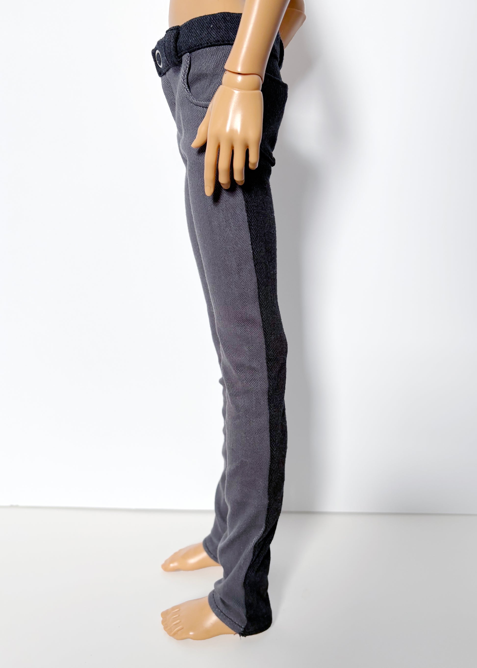 60cm / SD13 BJD Boy Grey Double Denim Jeans displayed on a doll with contrasting dark side panels.