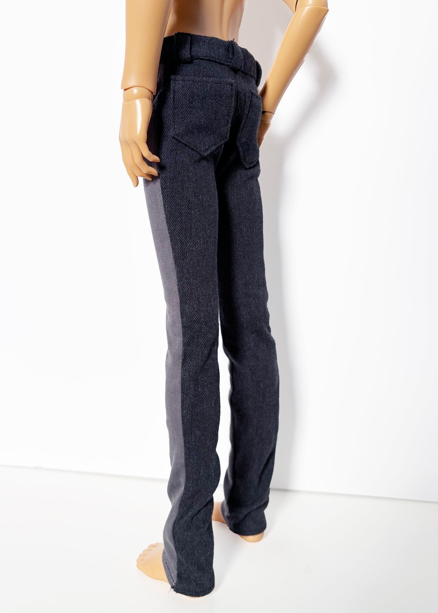 60cm / SD13 BJD Boy Grey Double Denim Jeans shown from back on doll with contrast side panels and stitched pockets