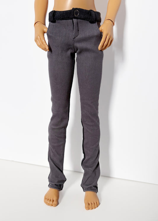 60cm / SD13 BJD Boy Grey Double Denim Jeans on doll showing slim fit with black waistband detail against white background