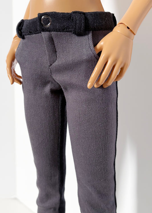 Close-up of 60cm / SD13 BJD Boy Grey Double Denim Jeans worn on a doll with detailed stitching and belt loops visible