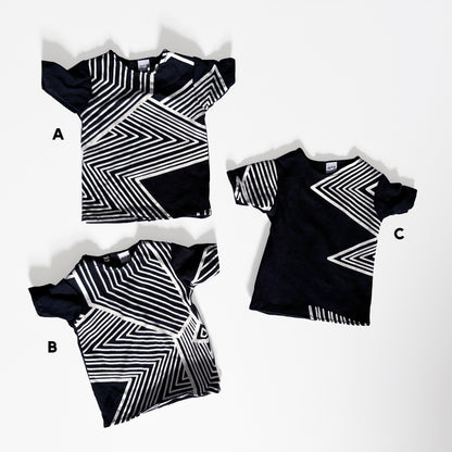 Three 60cm/SD13 BJD Boy Black Zig Zag T-shirts with bold geometric black and white patterns displayed on a white background.