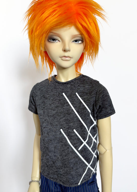 60cm/SD13 BJD Boy Heather Grey Lines T-shirt on doll with bright orange hair and neutral expression.