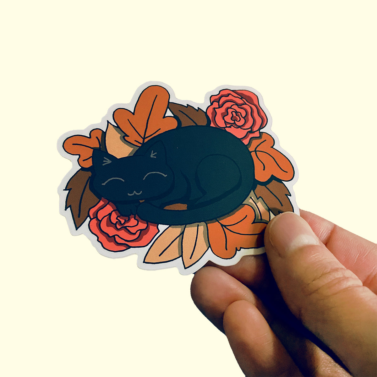 Black Cat in Autumn Leaves Vinyl Sticker