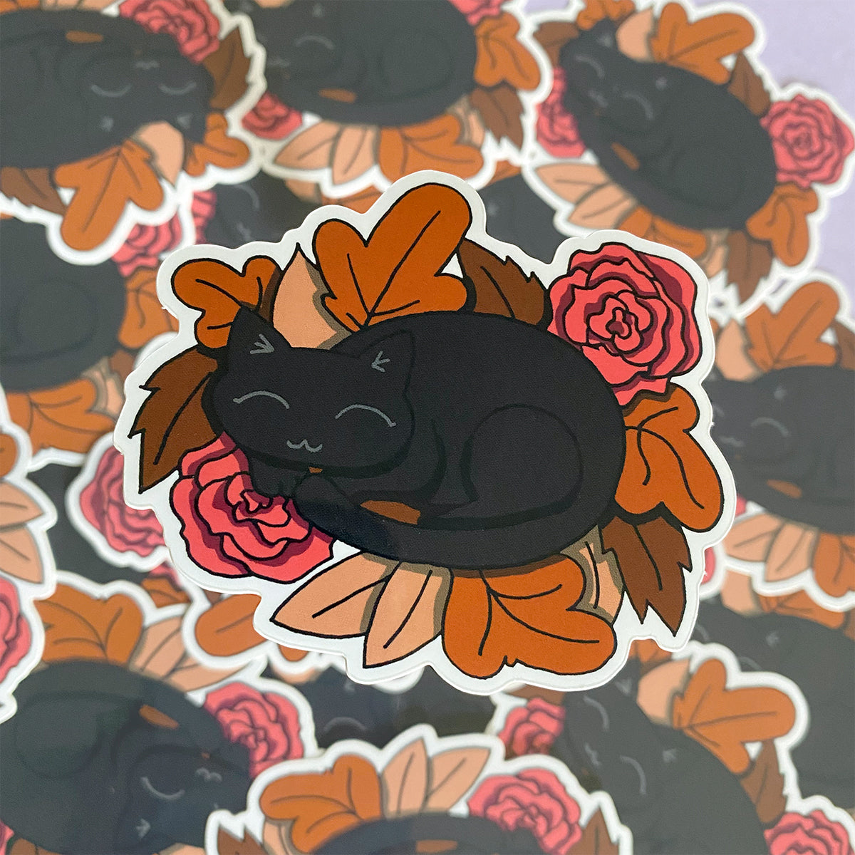 Black Cat in Autumn Leaves Vinyl Sticker