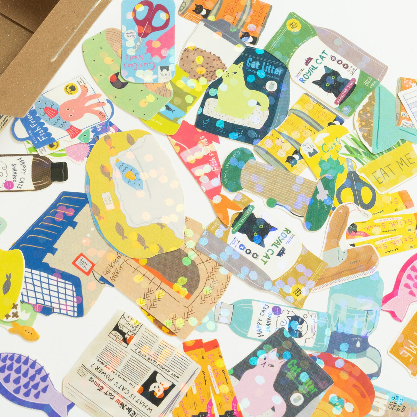 Collection of colorful stickers with various designs on a white background