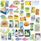 Collection of various pet products stickers on a white background