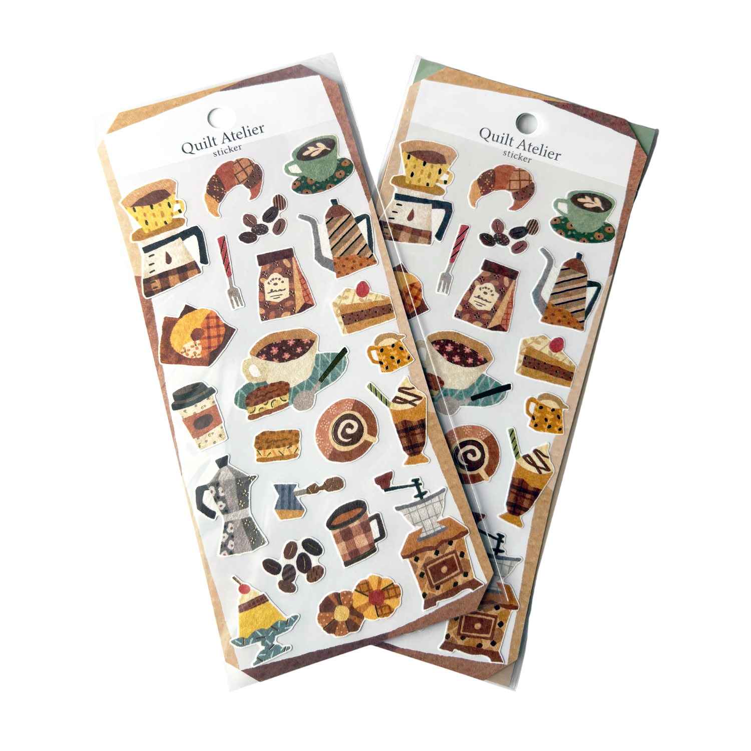 Two sheets of 'Quilt Atelier' stickers featuring food and coffee-themed illustrations on a white background.