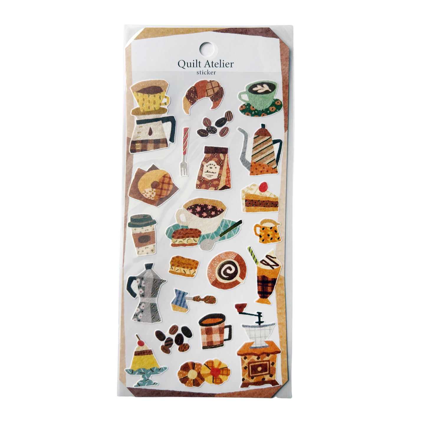 Sheet of stickers with coffee-themed designs on a white background