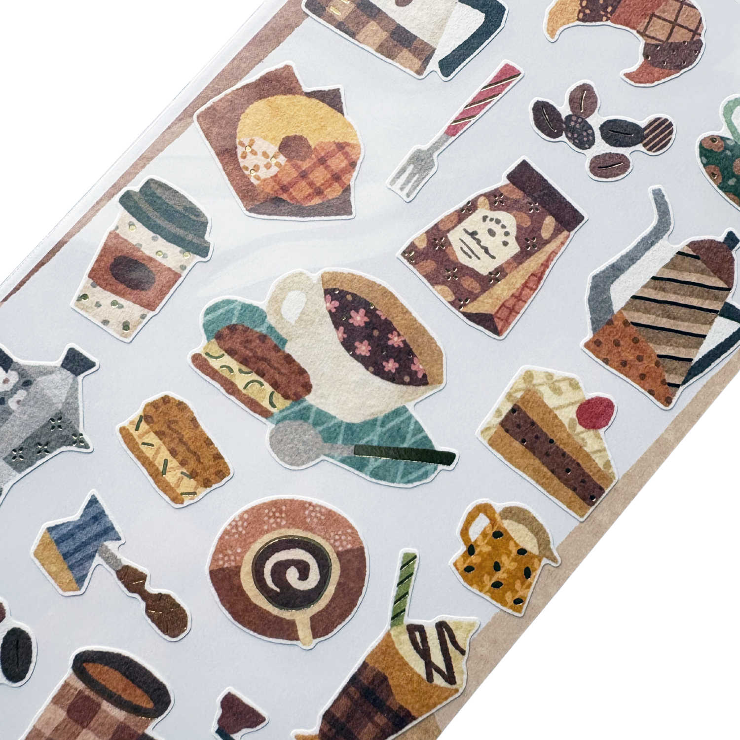 Collection of coffee-themed stickers on a white background