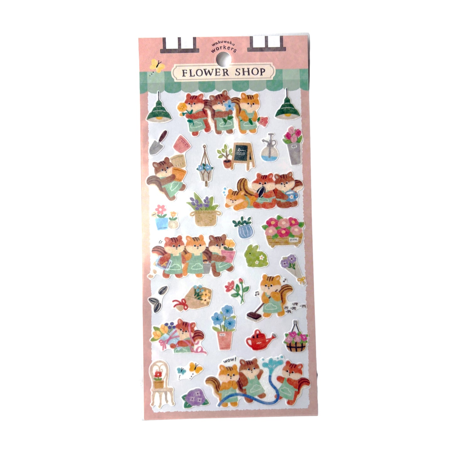 Sheet of decorative stickers with cartoon chipmunks and flowers, labeled 'Flower Shop'.