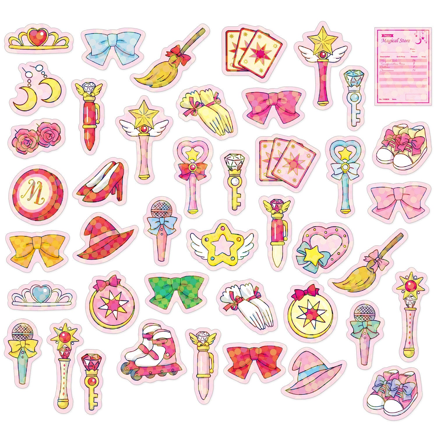 Collection of colorful stickers with various designs on a white background