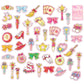 Collection of colorful stickers with various designs on a white background