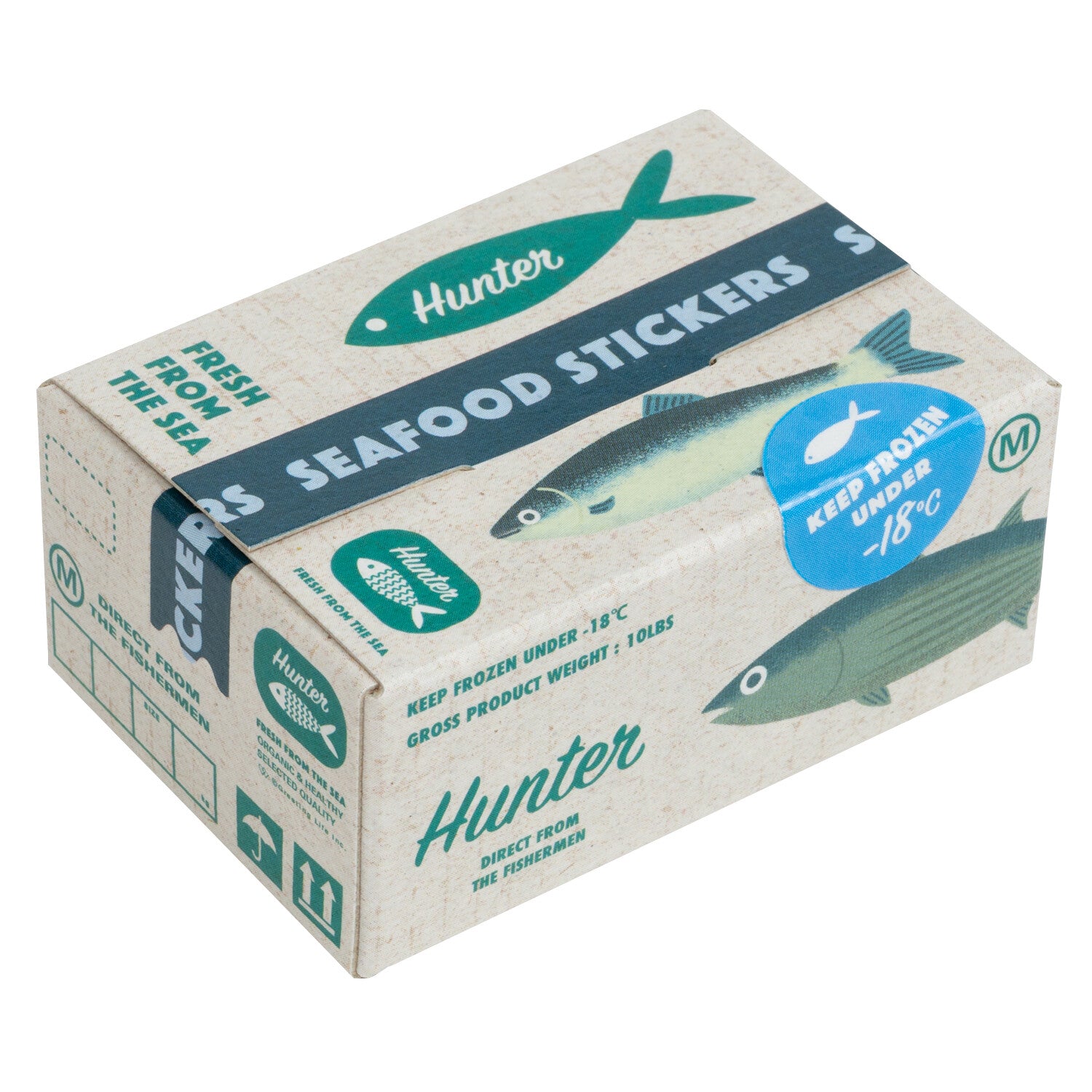 Box of fish seafood stickers with fish illustrations on a white background