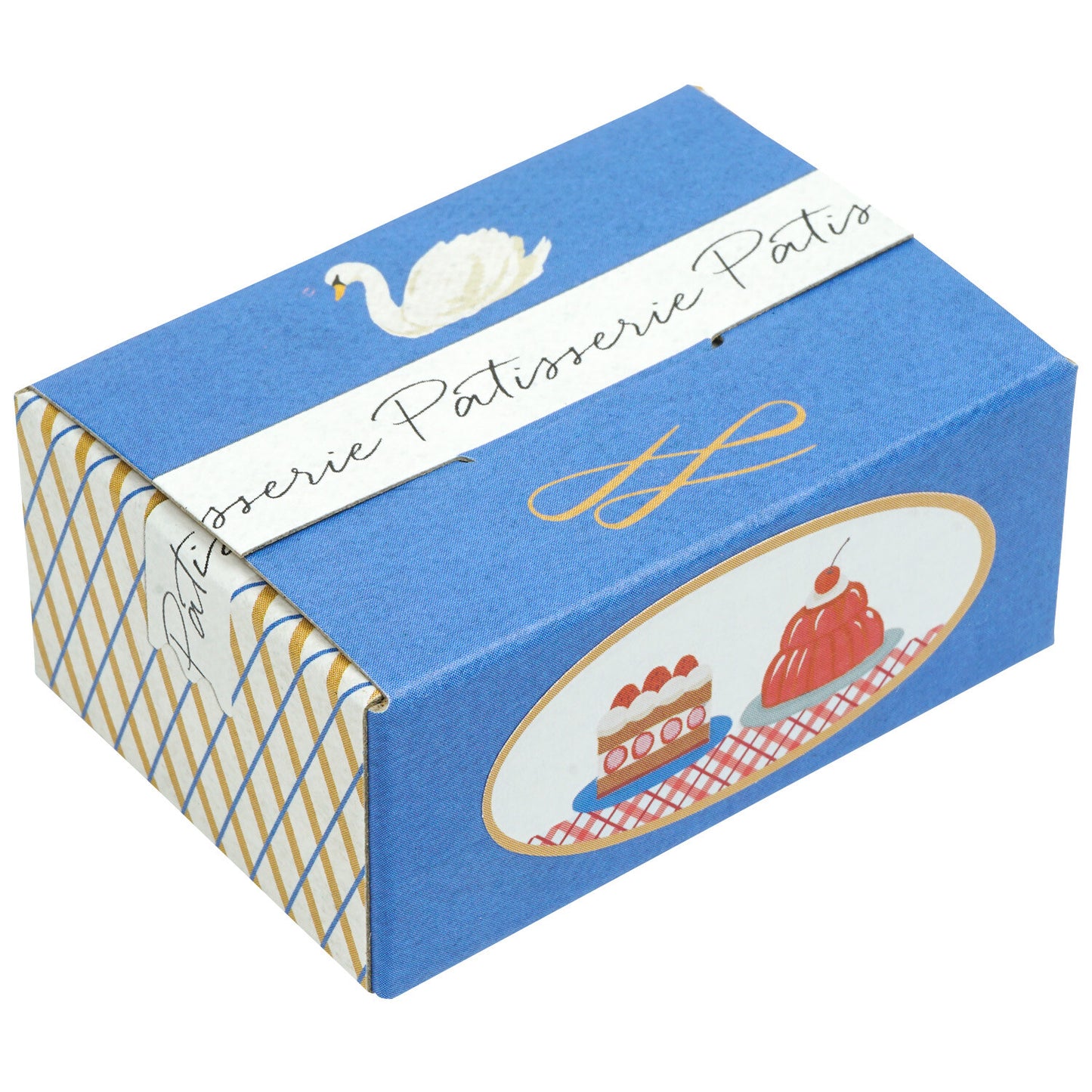 Blue box with 'Patisserie' branding and dessert illustrations on a white background