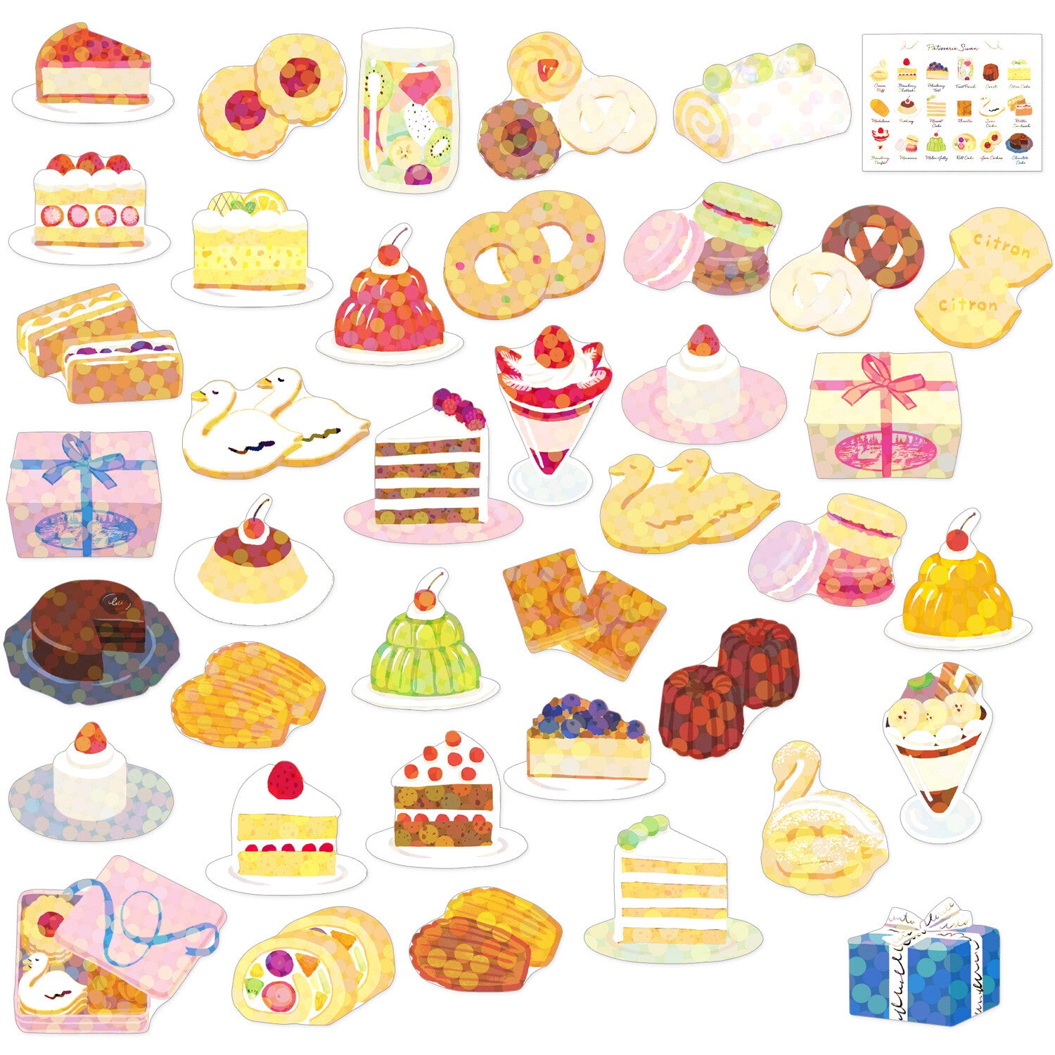 Collection of colorful stickers of various desserts and pastries on a white background.