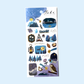 Sticker sheet with winter nature-themed illustrations on a light blue background
