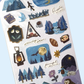 Sheet of winter nature-themed stickers with various illustrations on a light blue background