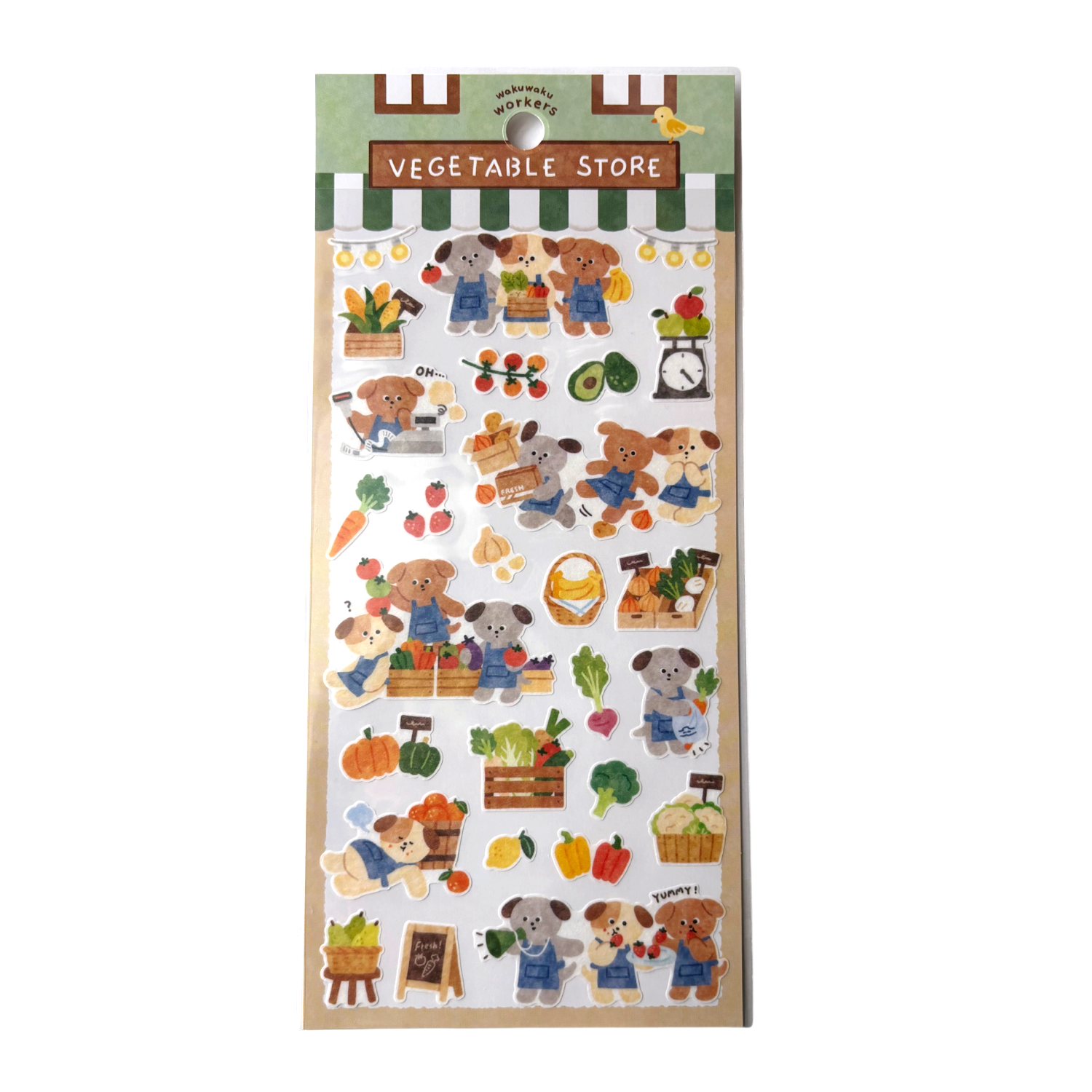 Sticker sheet with cartoon dogs at a vegetable store on a white background