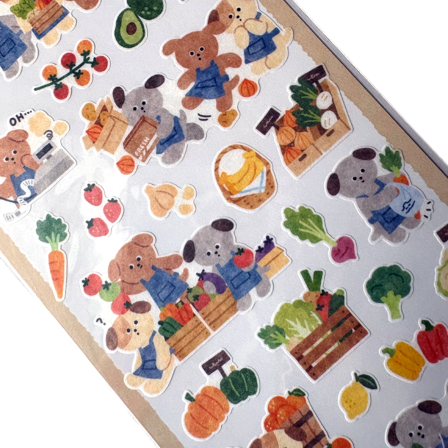 Sheet of stickers featuring cartoon dogs and vegetables on a white background