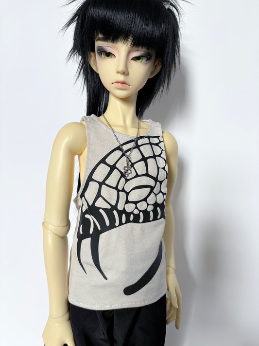 60cm/SD13 BJD Boy Snake Head Loose Tank worn by doll with black hair and green eyes on white background
