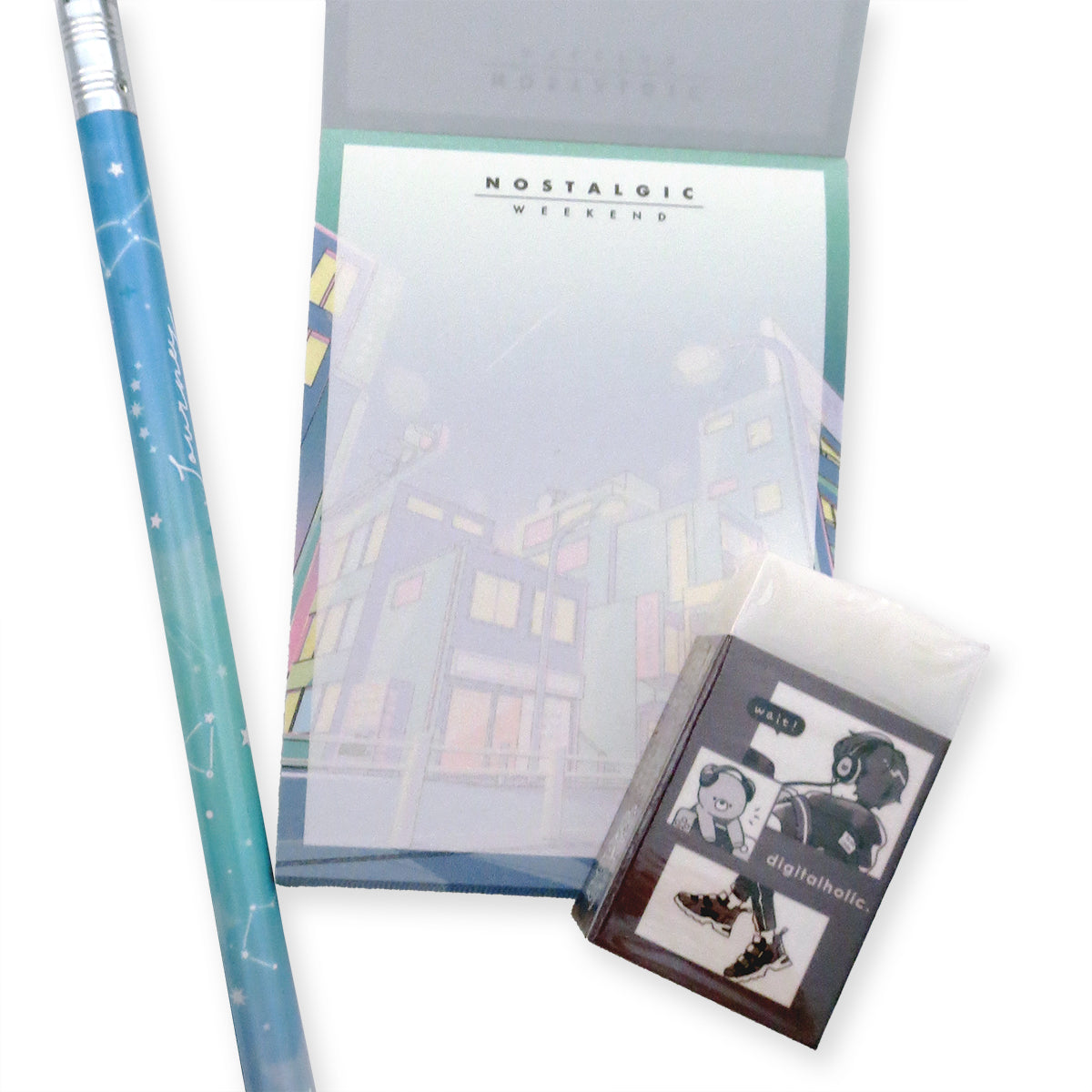 Dreamy Pastel City Pencil, Eraser & Note Pad Stationery Set