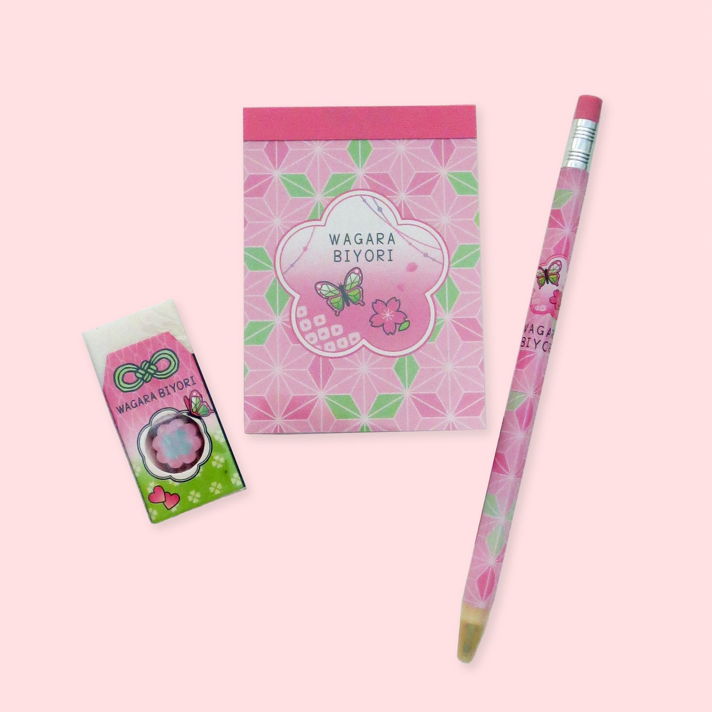 Biyori Sakura Pencil, Eraser & Note Pad Stationery Set